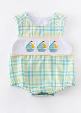 Load image into Gallery viewer, Boys Sailboat Themed Gingham Bubble Romper