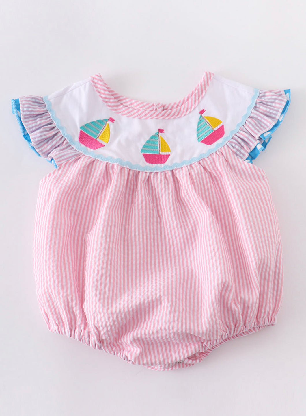 Girls Sailboat Themed Gingham Bubble Romper