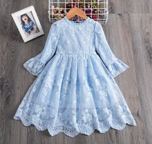 Load image into Gallery viewer, Pre-Order Lace Lined Ruffle Sleeve Girls Dress in Blue