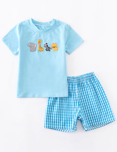 Zoo Animals Blue Gingham Outfit