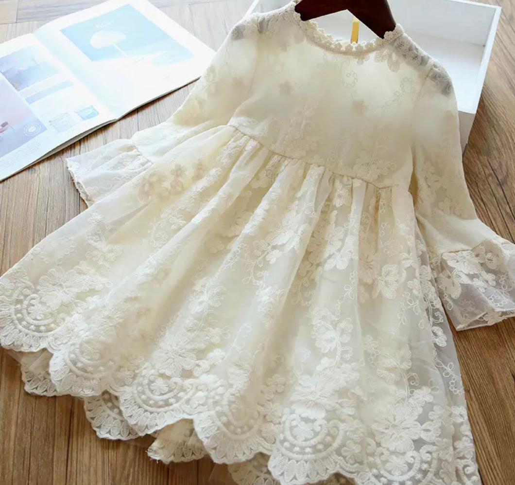 Pre-Order Lace Lined Ruffle Sleeve Girls Dress in Cream