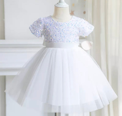 Pre-Order Girls Sequined Tulle Dress in White