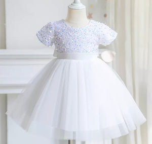 Pre-Order Girls Sequined Tulle Dress in White