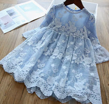 Load image into Gallery viewer, Pre-Order Lace Lined Ruffle Sleeve Girls Dress in Blue