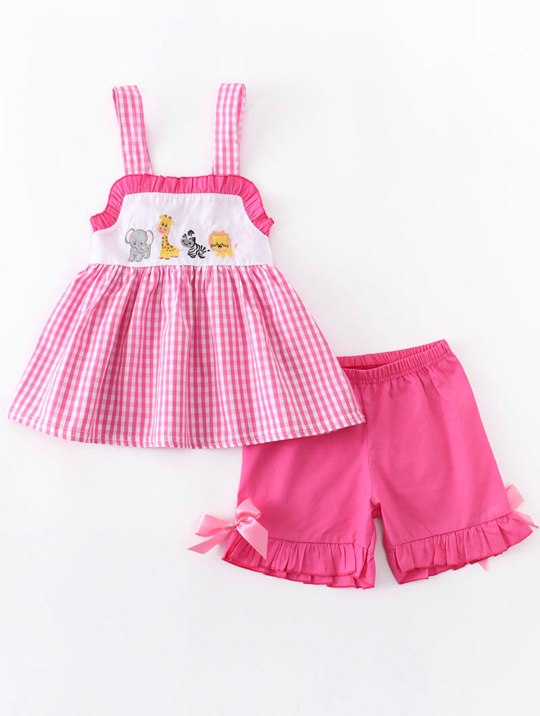 Pink Gingham Zoo Animals Themed Girls Outfit